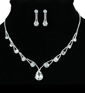Silber Verbindung Halskette Collier Ohrringe Kristall Strass Braut Schmuckset