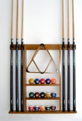 6 Pool Cue - Billiard Stick Wall Rack Made of Wood Oak Finish