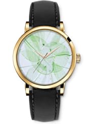 SPRAWL Aanalog Fashion Series Gold Ladies Watches of Genuine Black Leather Strap,Unique Wrist Watch for Women Girls Designed with Leaf veins