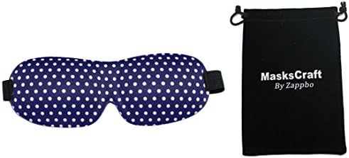 MasksCraft - Newly Improved Midnight Blue Sleeping Mask with White Polka Dot and Carry Pouch for Men and Ladies of All Ages and All Shift Works - 100% Money Back Guarantee - Deep Contoured Concave Sleeping Eye Mask Light As a Feather for Sleeping and Relaxation. The Convex Cup Shaped Mask is Essential for tight fit on the face to prevent light from coming in. Also cute and best for Novelty, Kids, Children, Teens and Women.