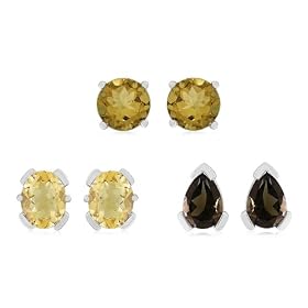 Sterling Silver Whiskey-Quartz, Citrine and Smoky-Quartz Stud Earrings, Set of Three