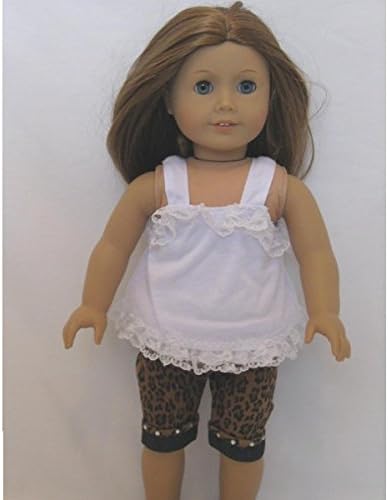White Blouse Top Shirt Lace and Leopard Print Capri Stretch Legging Pant Set Rhinestone Outfit Fits American Girl 18" Doll Girl of Today Just Like Me Mckenna, Our Generation, Madame Alexander