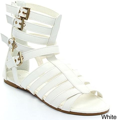 GLAMOUROUS NANA-503 Women's Multi Strappy Buckle Back Zip Flat Gladiator Sandals, Color:WHITE, Size:10