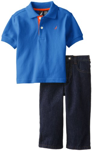 Nautica Baby-Boys Infant 2 Piece Short Sleeve Solid Polo Denim Set, Blue Jean, 12 Months