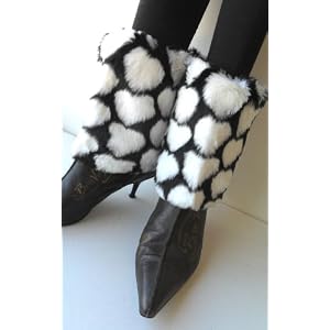 Faux Furry Leg Warmer Cuff Muff Boot Cover with Black & White Hearts 7