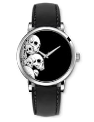 SPRAWL Aanalog Fashion Series Silver Ladies Watches of Genuine Black Leather Strap,Unique Wrist Watch for Women Girls Designed with Skulls on black background