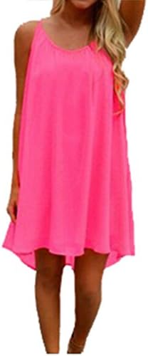 Wolkstore Womens Spaghetti Strap Back Hollow Chiffon Beach Short Dress (S, hot pink)