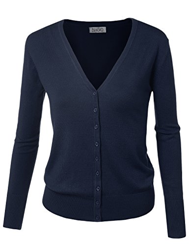 BIADANI Women Long Sleeve V-Neck Cardigan Sweater Navy Medium