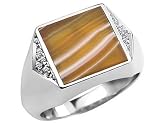 African Agate Gemstone and Diamond Men's Ring in White Gold