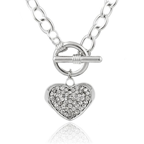 2 Pieces of Silvertone Iced Out Embossed Heart 20 Inch Toggle Pendant Necklace
