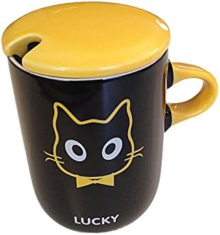 Cute Cat Face Black Ceramic Coffee Mug with Lid and Teaspoon - Lucky Cat Expression (Black with Colorful Yellow Accent)