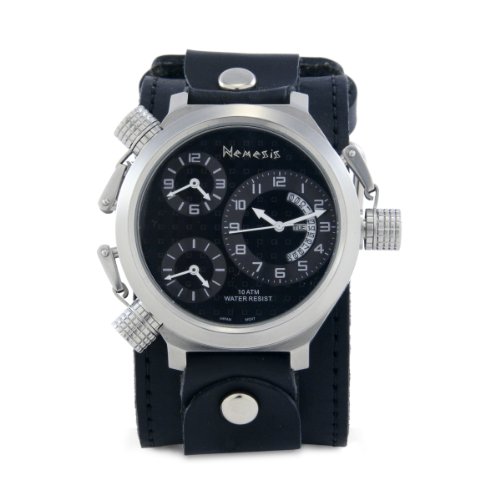 Nemesis Men's LBB080K Signature 3-TimeZone Silver Black Leather Band Watch