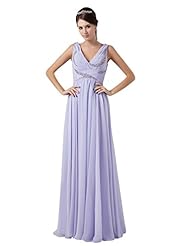 A-line V-neck Lace Ruched Beaded Floor Length Chiffon Natural   Waistline Bridesmaid Dress 