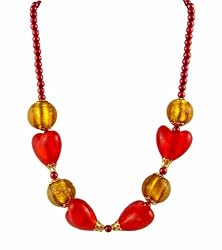 Necklace - N136 - Murano Glass & Pearl ~ Red & Gold