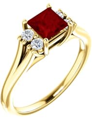 14K Yellow Gold 5.00x5.00mm Princess Cut Chatham Created Ruby and Diamond Ring -- LIFETIME WARRANTY