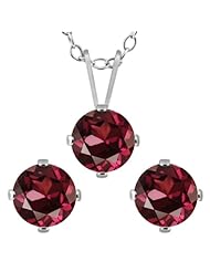 3.00 Ct Round Red Rhodolite Garnet 925 Sterling Silver Pendant Earrings Set