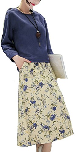 秋冬物 レディース 長袖 シャツ Uネック カットソー ひざ丈フレア 花柄スカート ツーピース セットアップ ナチュラル 清楚 ガーリー ビジネス カジュアル 大人 オリジナルアクセサリー付属 EVM0350