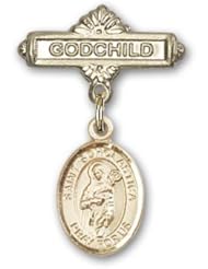 14K Gold Baby Badge with St. Scholastica Charm and Godchild Badge Pin