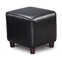 Black Modern Cube Vinyl Footstool / Ottoman with Wood Legs