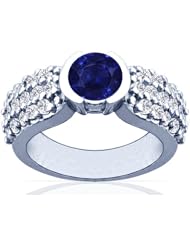 18K White Gold Round Cut Blue Sapphire Ring With Sidestones