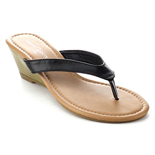 FASHION FOCUS KAVA-22 Women Casual Slip On Thong Toe Stacked Mid Wedge Sandals