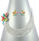 True Multi-Colored X-Large Flower Triple Layered Chain Necklace and Matching Earrings Set Comes Gift Boxed Silver Tone on Long 24 Chain