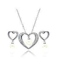 Nickel Free Sterling Silver Pendant & Earring Sets Open Heart With Hanging Pearl Set