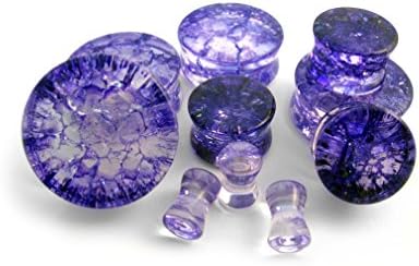 Pair of Purple Crack Glass Plugs 00 Gauge (00G - 10mm) - Double Flare