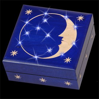 Crescent Moon and Stars with Lighting LED Lights Wooden Jewelry Box