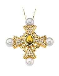 14K Yellow Gold Citrine, Pearl and Diamond Cross Pendant -- LIFETIME WARRANTY