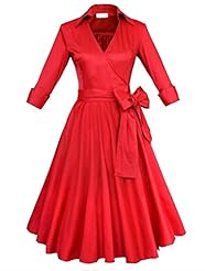 V-neck Fall Cocktail Knee Length Cotton Belted Pleated Vintage  Party Dress/Tunic  With a Bow(s)