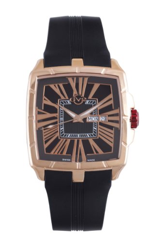 GV2 by Gevril Men's 9001 Fiamme Square Rose Gold IP Coated Case Sapphire Crystal Black Dial Day-Date Rubber Watch