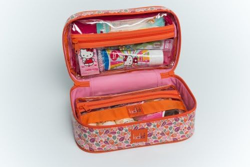 KidKit Travel Toiletries Train Case, Fully Stocked with High End Organic Travel Products, 9" x 6" x 4" , Orange/Pink Butterfly for Girls, 10 pcs.