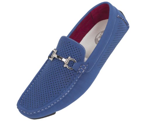 Amali Mens Driving Moccasin Loafer in Blue Perforated Brushed Smooth with Silver Horse Bit Ornament in Blue: Style 1475 Blue-052