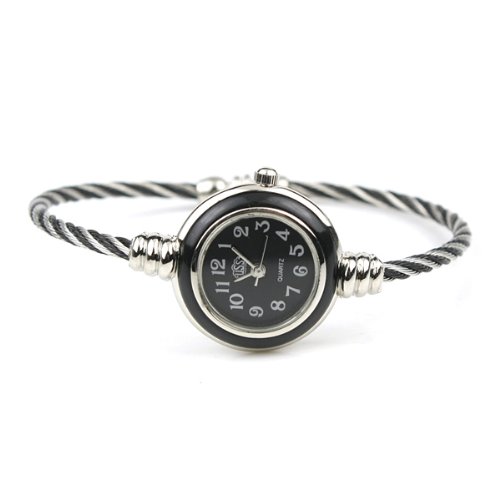 Womens Silver Classic Twisted Band Bracelet Round Wrist Watch Black
