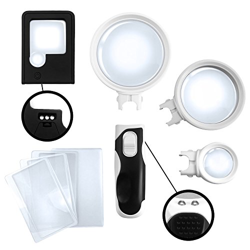 Deluxe Magnifying Glass with Light - exceeding 10x (16x), 5x & 2.5x with FREE Pocket Magnifying Glass and 3 x Fresnel Lens for Wallet