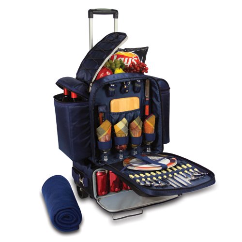 Picnic Time Excursion Deluxe Cooler on Wheels with Picnic Service for 4, Navy