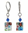 Earrings - E199 - Millefiore Rectangles + Swarovski (tm) Crystal Beads ~ Clear with Multi Colored Flowers