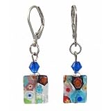 Earrings - E199 - Millefiore Rectangles + Swarovski (tm) Crystal Beads ~ Clear with Multi Colored Flowers