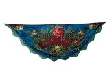Michal Negrin Blue Semi-Circle Shawl Embellished with Multicolor Swarovski Crystals, Glitter, Vintage Looking Floral Pattern and Scalloped Edge Lace Trim; Handmade in Israel - Special Ordered and Shipped by Genuvo within 2 to 3 Weeks