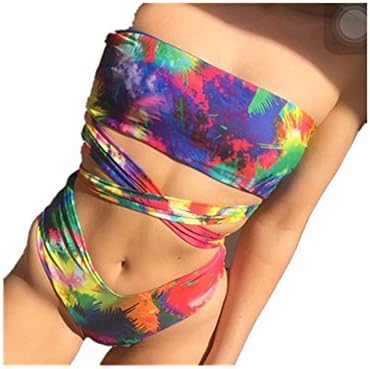 Ashmaq Womens Floral Print Criss Strapless Padded Triangle 2 pcs Swimwear Swimsuit Bikini Set