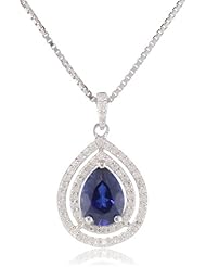 Sterling Silver Created Ceylon Sapphire and 1/4cttw Diamond Pear Shape Pendant Necklace, 18"