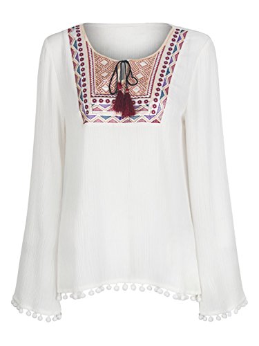 Joeoy Women's White Textured Embroidered Long Sleeve Peasant Blouse Shirt Top