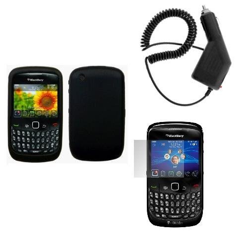 BlackBerry Curve 8520 / 8530 Black Silicone Case, LCD Screen Guard / Protector &amp; Car Charger Combo