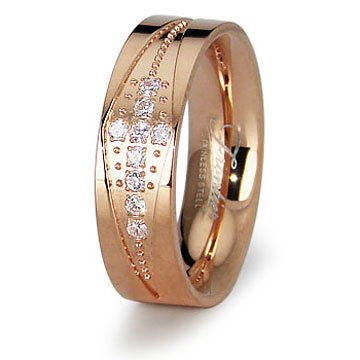 Ladies Rose Gold Stainless Steel CZ Cross Wedding Band Ring 5mm
