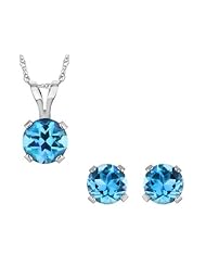 1 Carat Blue Topaz Genuine Round Earrings and Pendant Set Sterling Silver