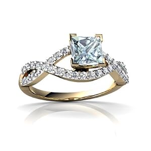 Or jaune 585/1000 Princesse Aigue-marine Bague Taille 51