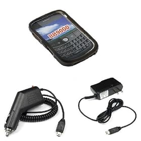 Durable Flexible Soft Smoke Silicone Skin Case + Car Charger + Home Travel Charger for Blackberry Bold 9000 Smartphone