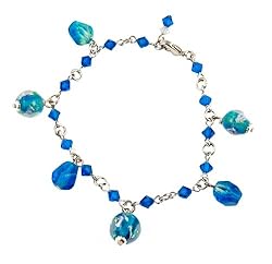 Bracelet - B268 - Lampwork Bead Charm Bracelets - Adjustable to Fit ~ Swarovski (tm) Capri Blue + Matching Organza Bag