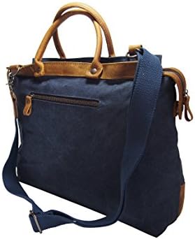 Samic® Leisure Canvas Genuine Leather Laptop Tote Bag with Detachable Shoulder Strap (Blue)